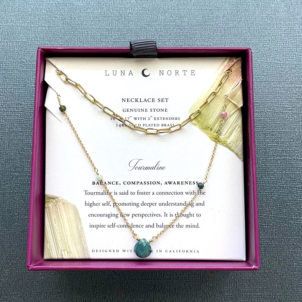 Luna Norte - Tourmaline 14k Gold Plated Brass - Necklace Set - New In Box